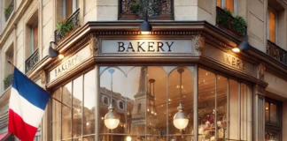 Parisian bakery with French pastries and croissants