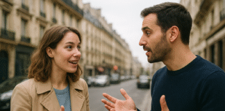 An American woman talking with a Frenchman from Paris.
