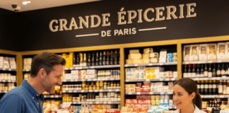 A delighted American tourist discovers the exquisite selection of French butters at the famous Grande Épicerie de Paris, guided by a smiling, expert sales assistant.
