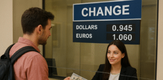 An American tourist changes dollars into euros