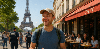 Smiling American tourist in jeans and backpack holding a map, walking near the Eiffel Tower under a blue sky, surrounded by photographing families, patrolling policemen with "Brigade Touristique" vests, and a lively Parisian café terrace - safe, warm and authentic atmosphere, perfect for travelers.