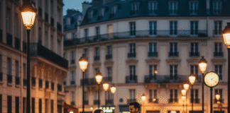 Una tranquila calle parisina al atardecer con luces cálidas y una pareja paseando.