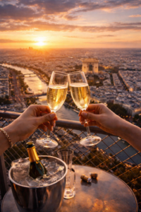 Boire une coupe de champagne en haut de la tour eiffel