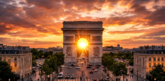 Coucher de soleil magnifique sur l'arc de triomphe