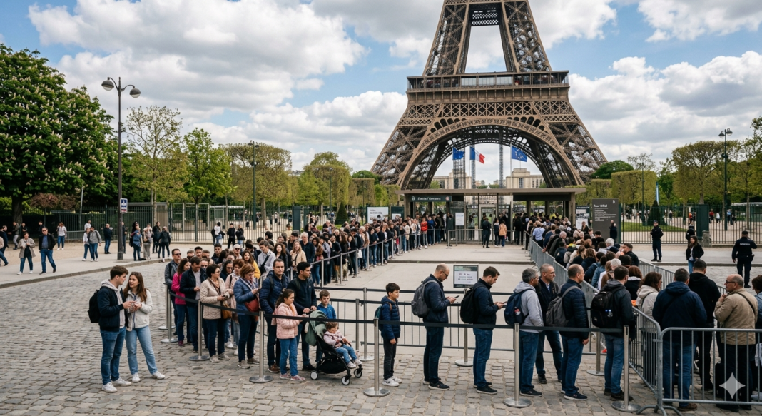Line in front of the Eiffel Tower
