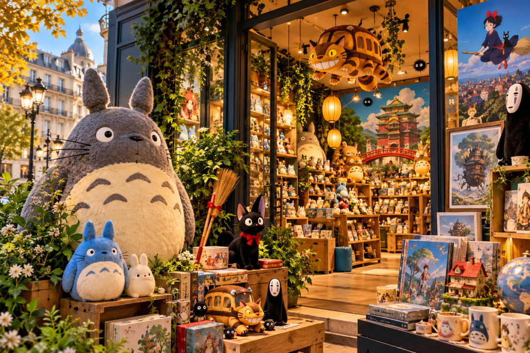 Illustration d’une boutique Maison Ghibli à Paris avec peluches Totoro, Jiji et produits dérivés du Studio Ghibli
