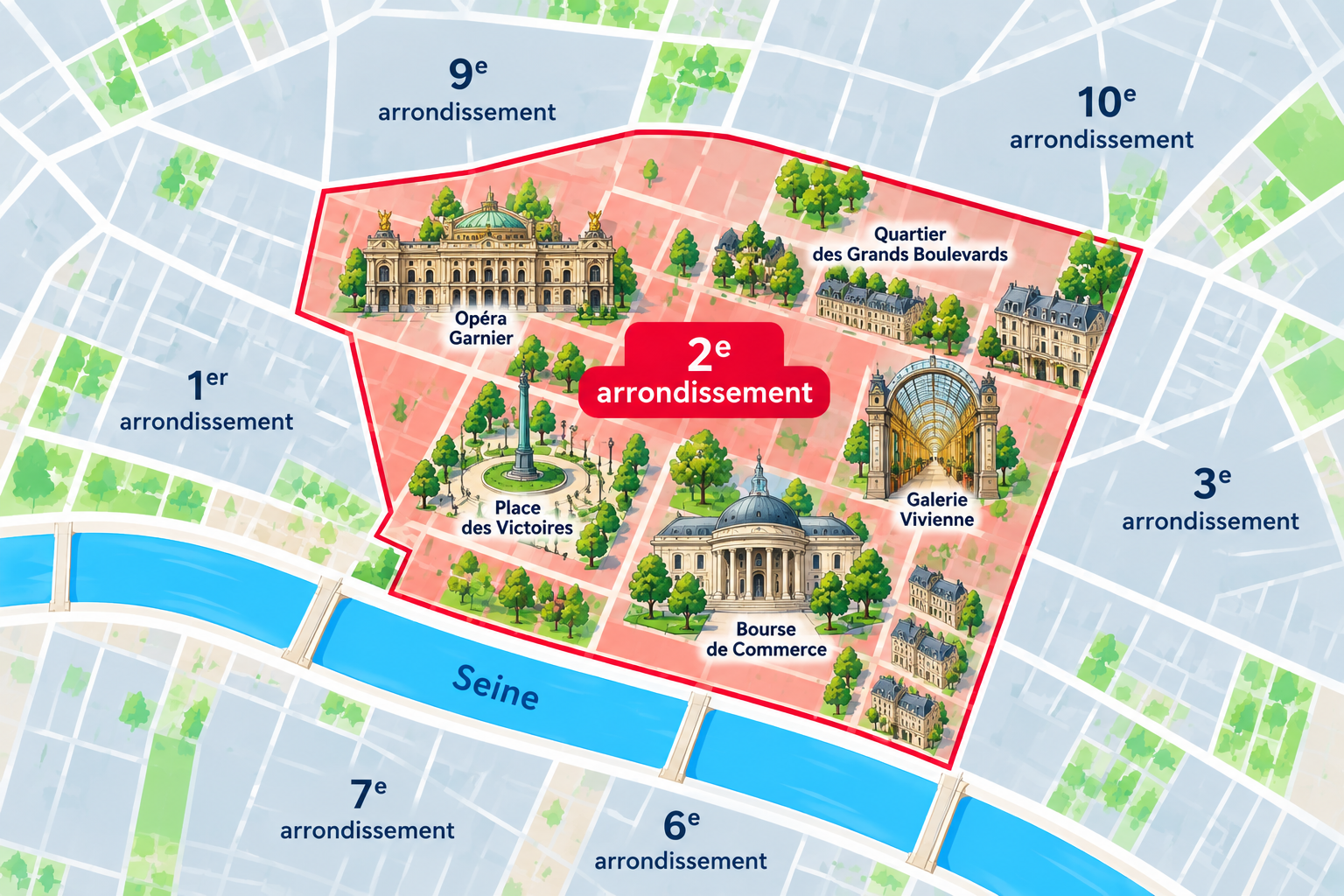 Illustrated Map of the 2nd Arrondissement of Paris PARIS map of the 2nd arrondissement