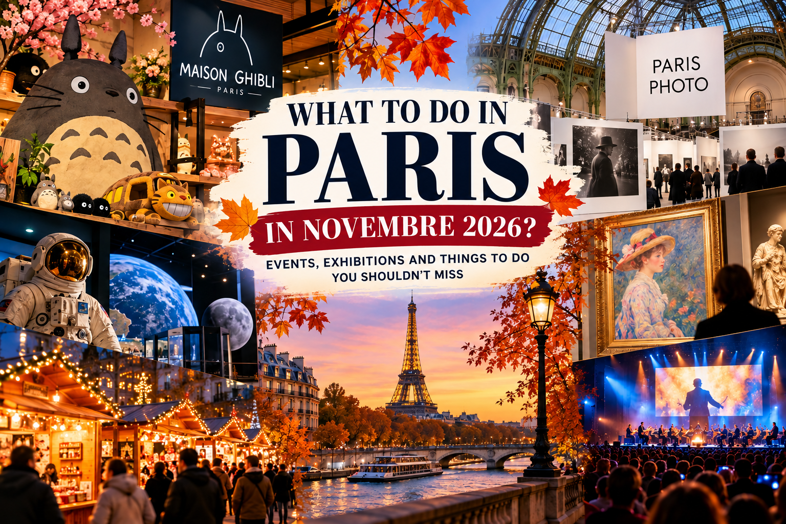 An illustration of Paris in November 2026 featuring the Eiffel Tower Maison Ghibli Paris Photo exhibitions concerts and a Christmas market