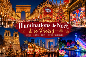 Illuminations de Noël à Paris avec les Champs Élysées lArc de Triomphe les vitrines des grands magasins Notre Dame et les marchés de Noël
