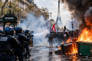 Illustration de manifestations à Paris avec policiers en tenue antiémeute manifestants fumée et poubelles en feu