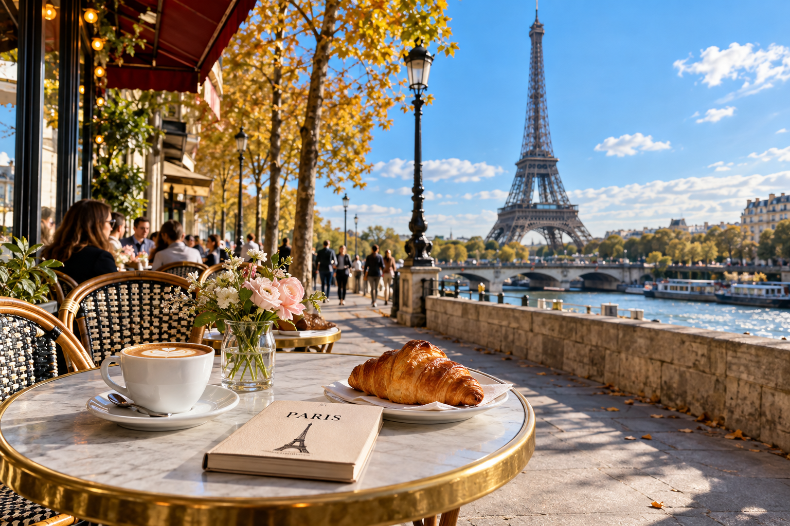 Visiter Paris : conseils et erreurs à éviter Terrasse de café parisien avec vue sur la tour Eiffel en automne