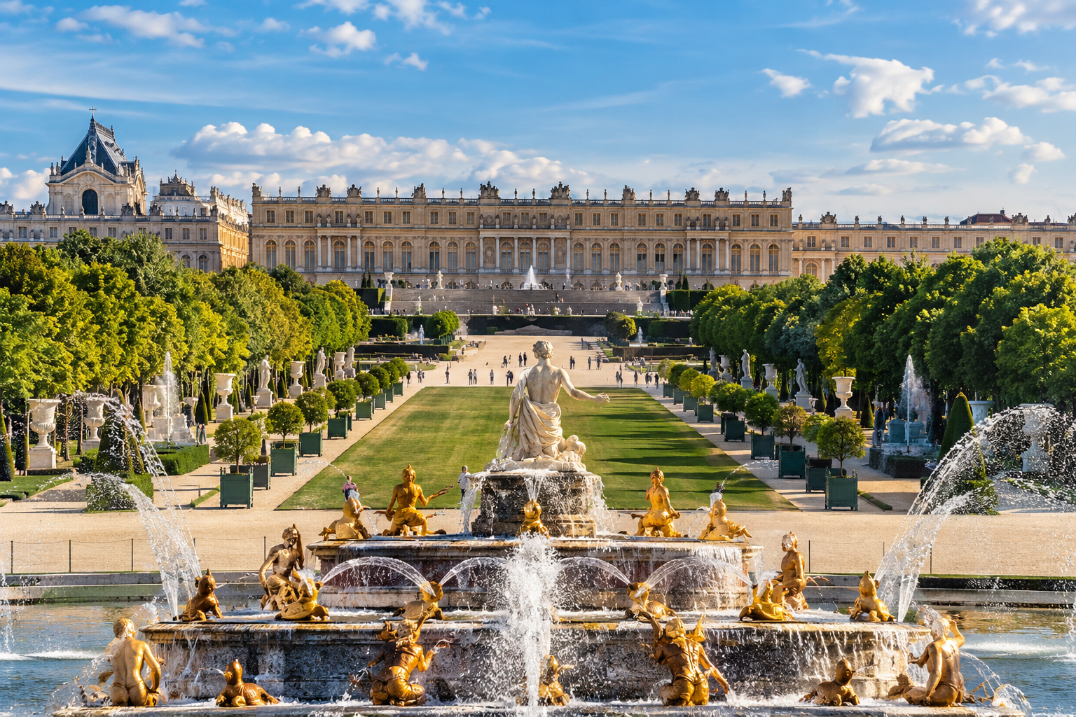 The Palace of Versailles and the Royal Gardens PARIS The Palace of Versailles and its French gardens featuring fountains and sculptures